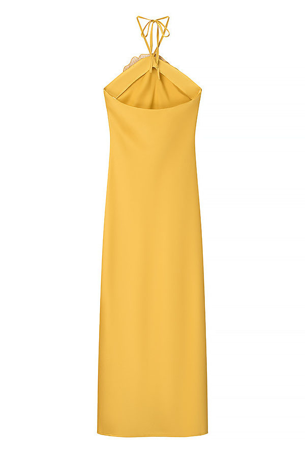 Fashionable Beaded Large Flower Decoration Halter Neck Backless Maxi Dress-consonak