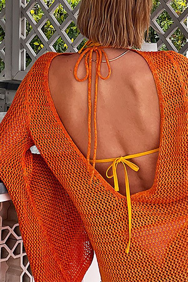Knitted Dolman Sleeves Cutout Crew Neck Tie Backless Cover Up-consonak