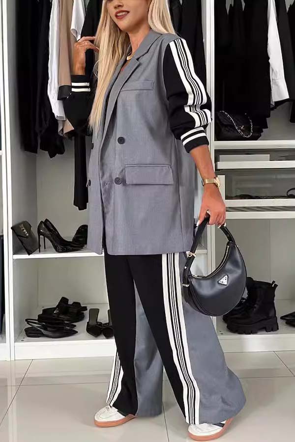 Consonak elegant double breasted autumn and winter women's loose long sleeved set fashionable color blocked straight leg pants set-consonak