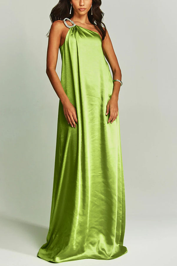 Charming Glance Satin Metal Hardware One Shoulder Loose Maxi Dress-consonak