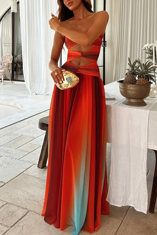 Ladies' Sunset Sexy strapless Fashion Tassel Printed Twisted Hollow Off Shoulder Vacation Long Dress-Consonak