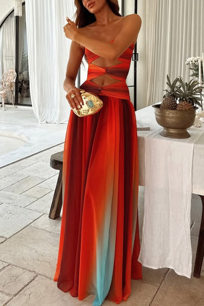 Ladies' Sunset Sexy strapless Fashion Tassel Printed Twisted Hollow Off Shoulder Vacation Long Dress-consonak