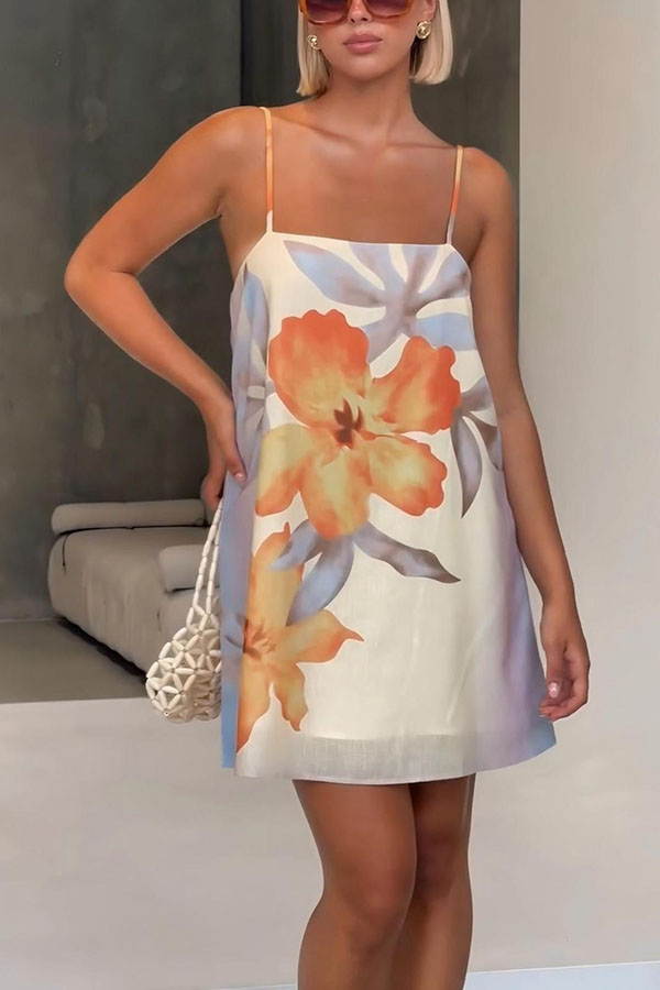 Summer Surprise Linen Blend Floral Print Slip H-line Mini Dress-consonak