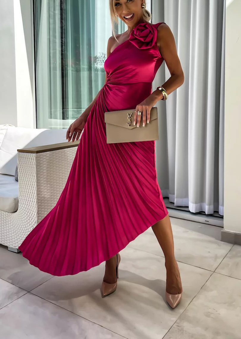 Romantic Nights Satin Raised Flower Elastic Cutout One Shoulder Pleated Maxi Dress-consonak