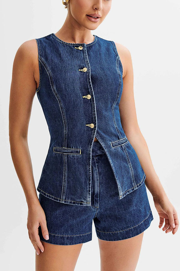 Abel Denim Button Up Princess Seams Pocket Vest Top-consonak