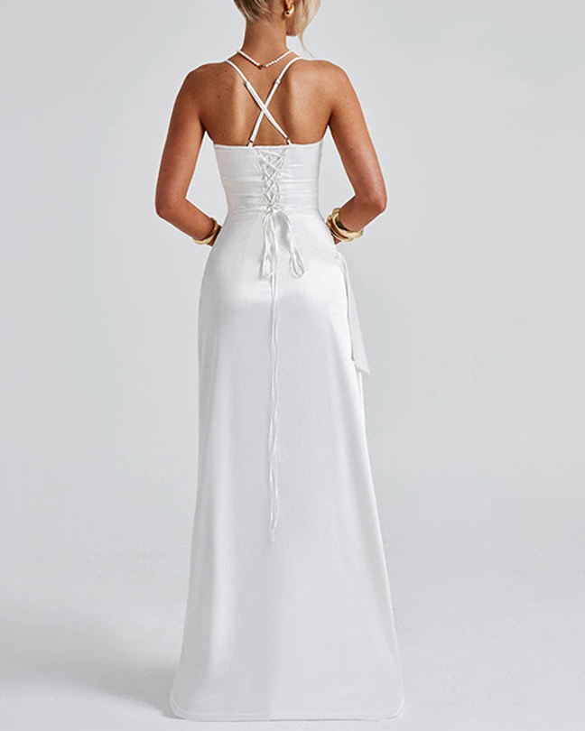 Ladies' satin back tie, pleated hem, slit high low waist long skirt-consonak