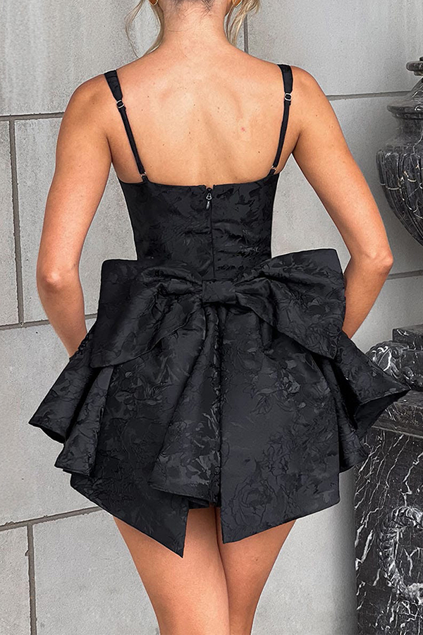 Jacquard Fabric Halter Back Elegant Bow Slim Fit Mini Dress-consonak