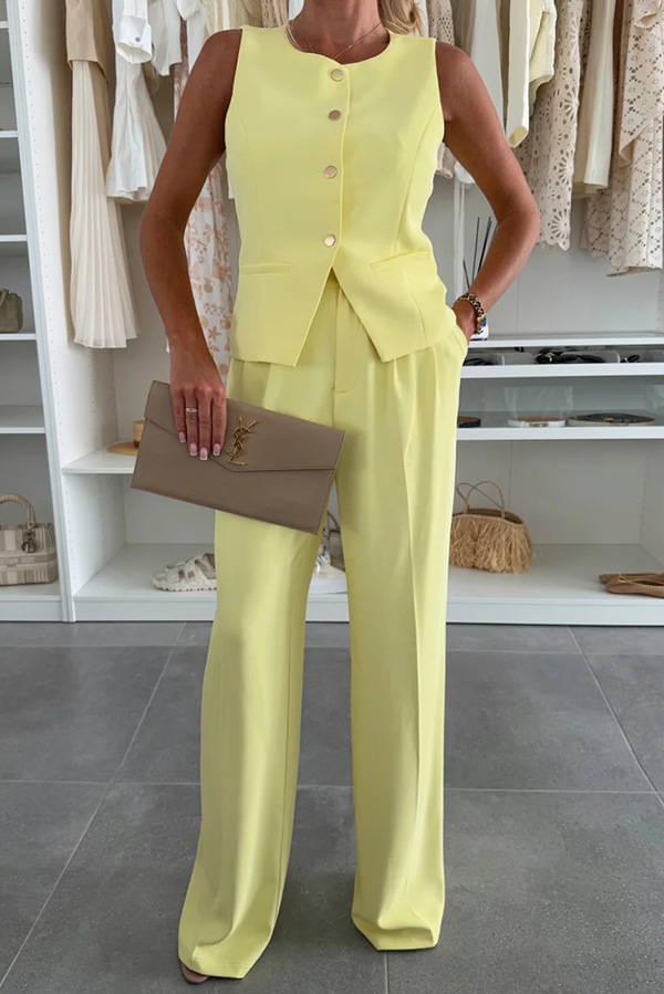 Workplace Chic Sleeveless Button Vest and Relaxed Pocket Wide Leg Pants Set-consonak