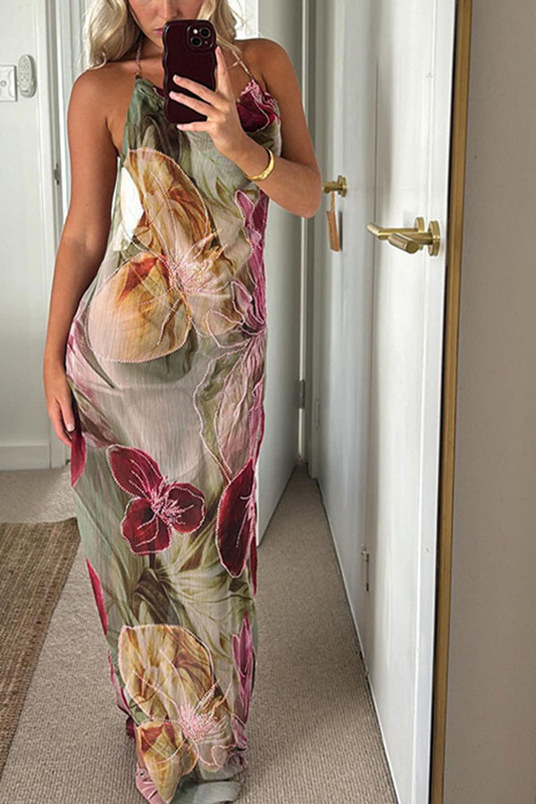 Floral Print Sexy Backless Slit See-Through Holiday Maxi Dress-consonak