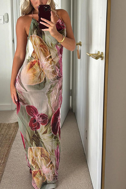 Floral Print Sexy Backless Slit See-Through Holiday Maxi Dress-consonak