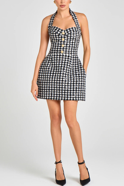 Mila Check Bouclé-tweed Fabric Halter Sweetheart Neck Gold Button Pocketed Mini Dress-consonak