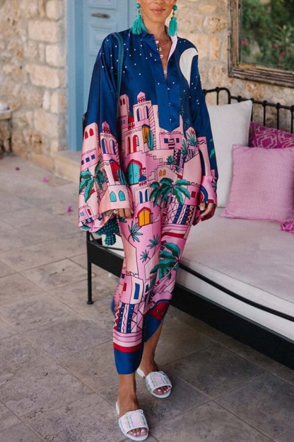 Seaside Stroll Satin Unique Print Button Up Long Sleeve Slit Kaftan Midi Dress-consonak