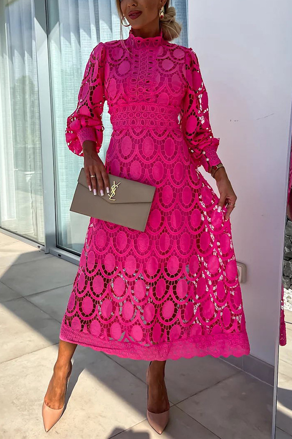 French party sensual party elegant crochet lace lantern sleeves party MIDI skirt  | Consonak