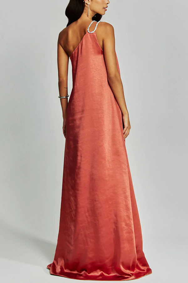 Charming Glance Satin Metal Hardware One Shoulder Loose Maxi Dress-consonak