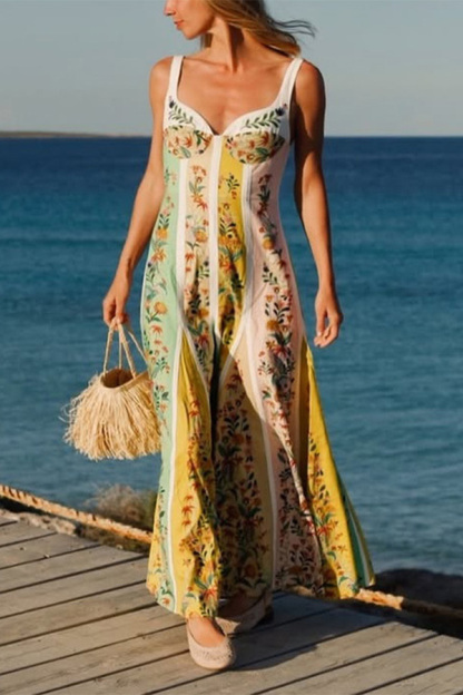 Sweet Garden Linen Blend Color Block Floral Paneled Maxi Dress-consonak