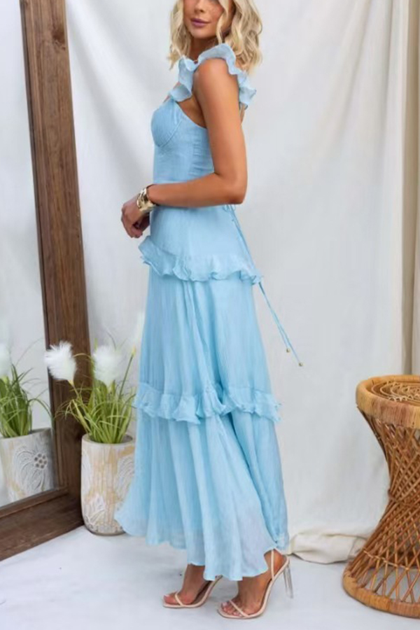 Solid Color Halter Backless Tie Elegant Ruffle Maxi Dress-consonak