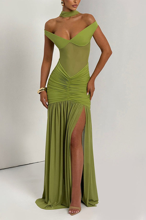 Raise The Level Mesh Off Shoulder Ruched Scarf Stretch Maxi Dress-consonak