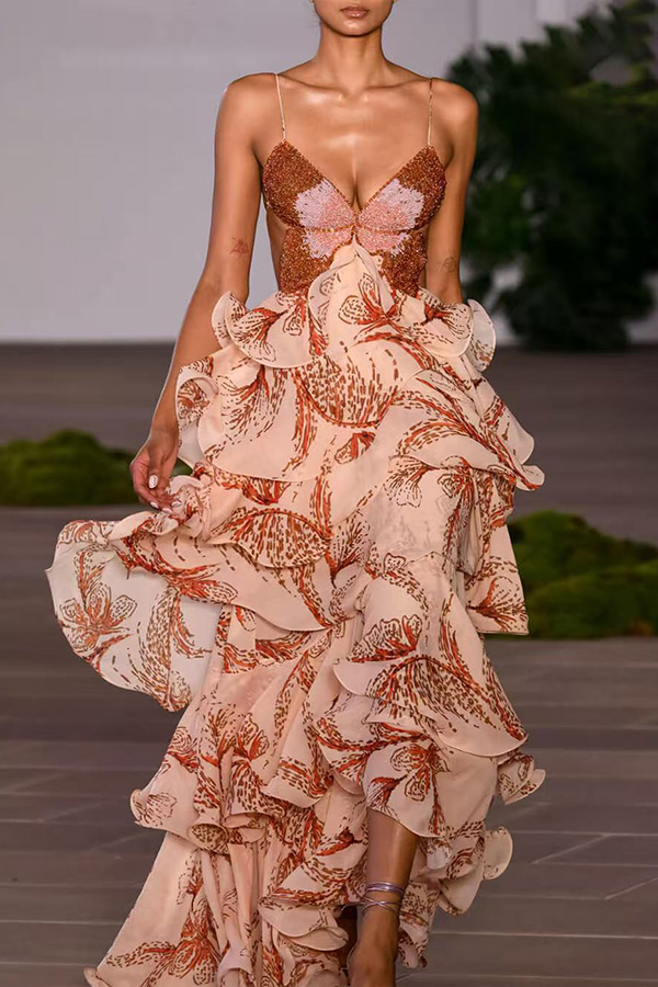 Ariae Butterfly Print Multi-layered Ruffles Backless Tie-up Maxi Dress | Consonak