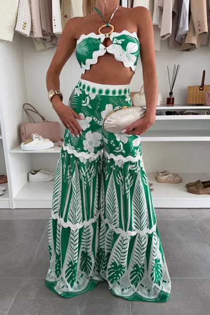 Cassie Ric Rac Trims Unique Print Halter Ring Tank and High Rise Wide Leg Pants Set-consonak