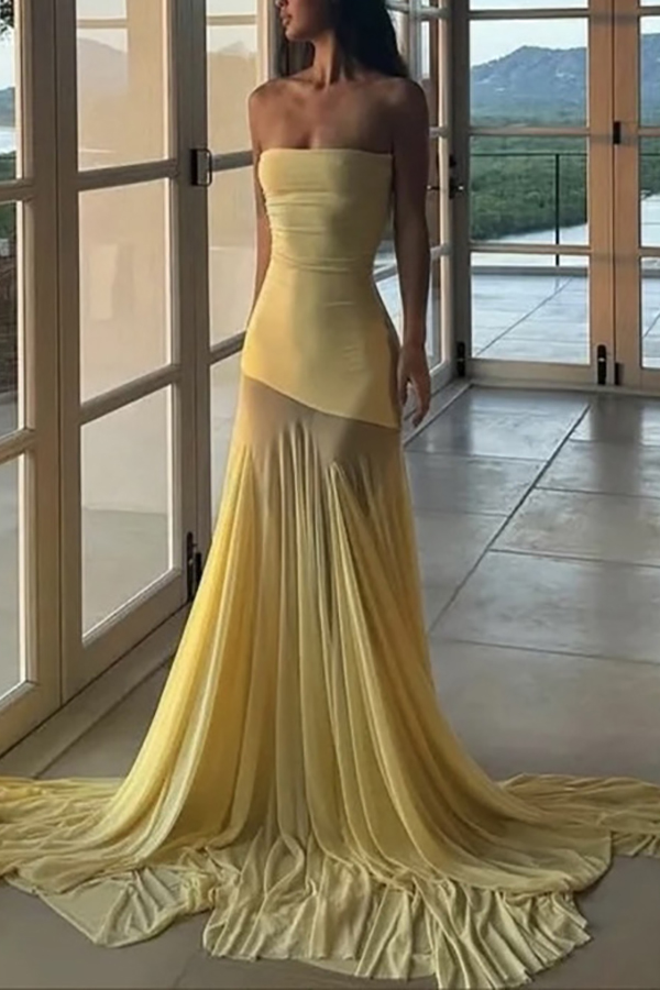 Solid Color Sleeveless Off-shoulder Mesh-paneled Fitted Maxi Dress | Consonak