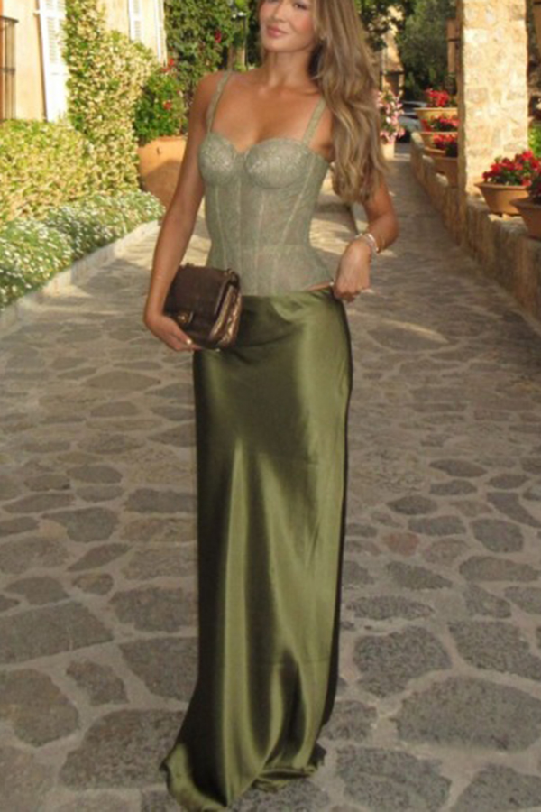 In A Fairytale Lace Satin Mid Rise Drape Maxi Skirt-consonak