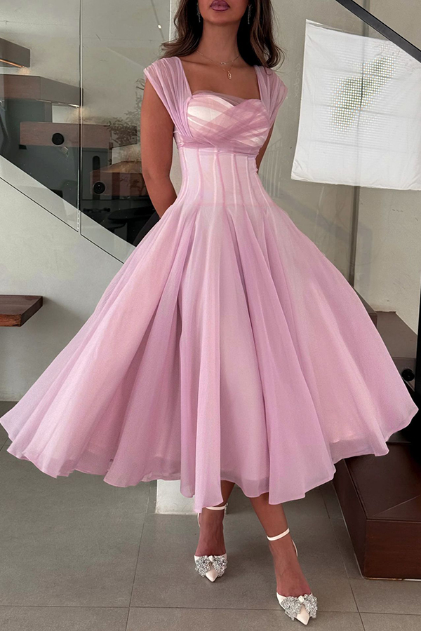 Elegant Sleeveless Waist-cinching Tulle Full-hem Maxi Dress-consonak