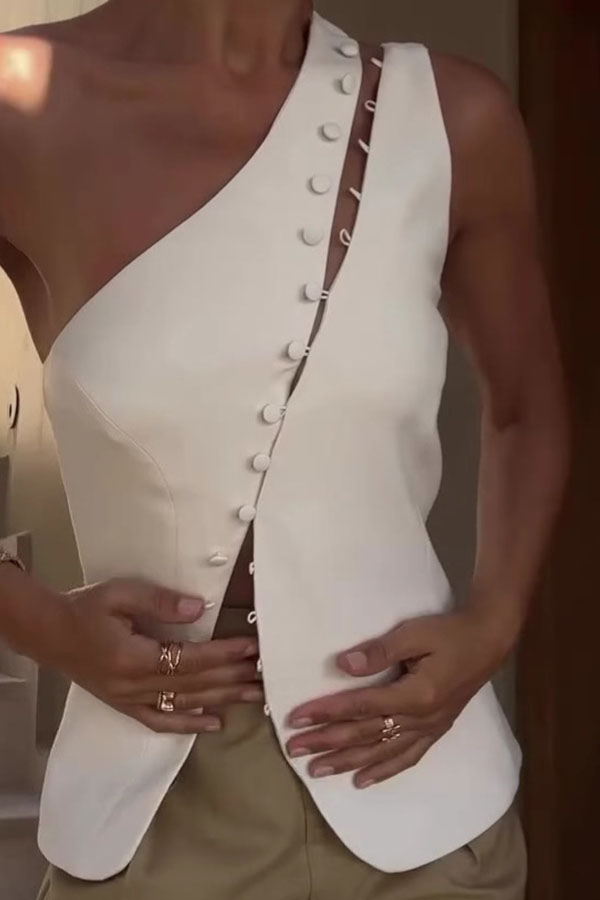 Full of Design Solid Color One Shoulder Asymmetric Slit Button Casual Vest-consonak