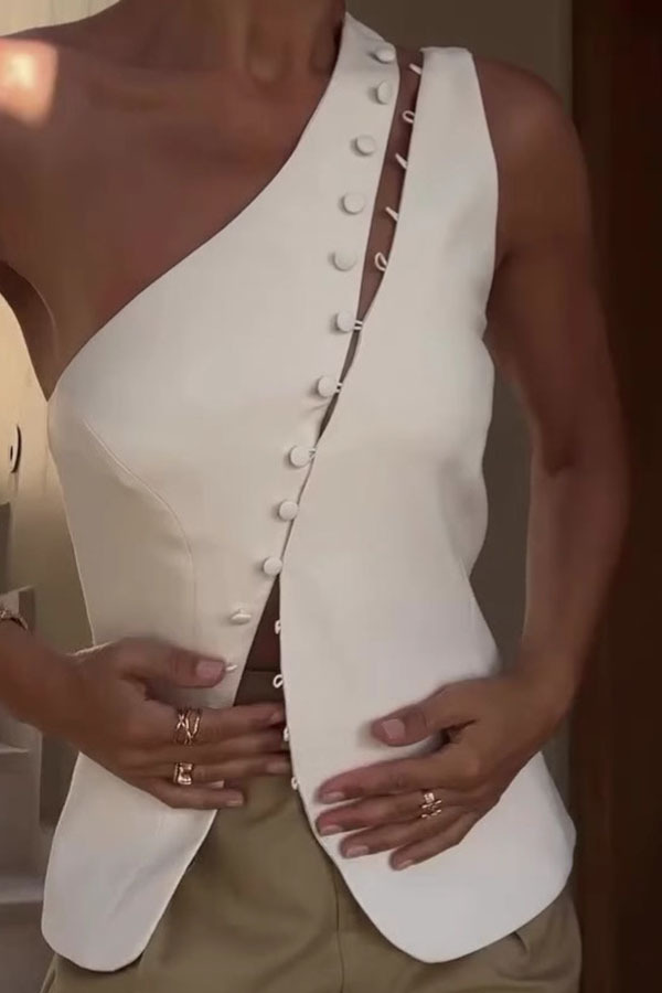 Full of Design Solid Color One Shoulder Asymmetric Slit Button Casual Vest-consonak