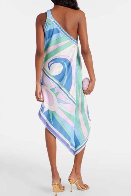 On Island Satin Unique Print One Shoulder Irregular Hem Vacation Midi Dress-consonak