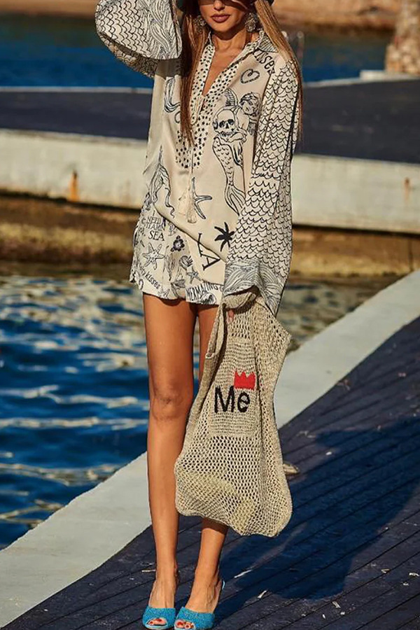 Ladies' Wealthy Satin Unique Printed Tassel Shirt and Elastic Waist Shorts Set-consonak