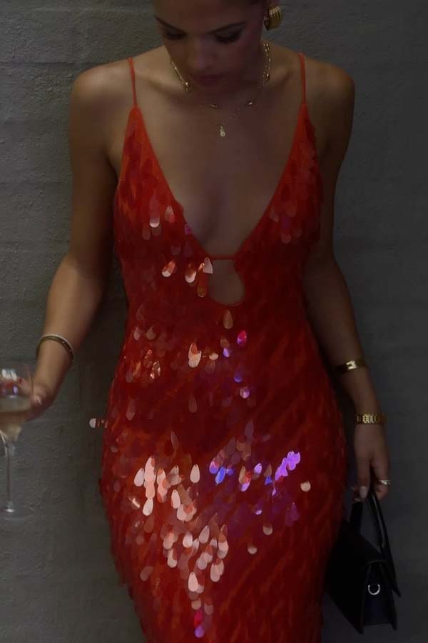 Reshape Beauty Fish Scale Sequin Cutout U-neck Slip Maxi Dress