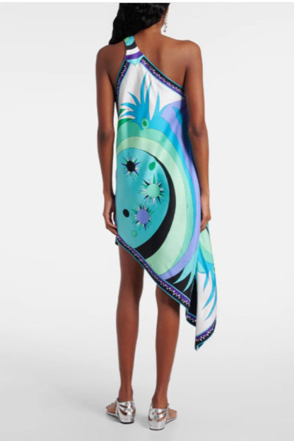 Naughty Lady Satin Unique Print One Shoulder Irregular Hem Vacation Midi Dress-consonak