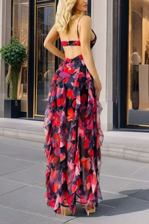 Millie | Floral Ruffle Long Skirt Women's Fashion Chiffon Printed Fairy Style Long Style Evening Dress Coupon-consonak