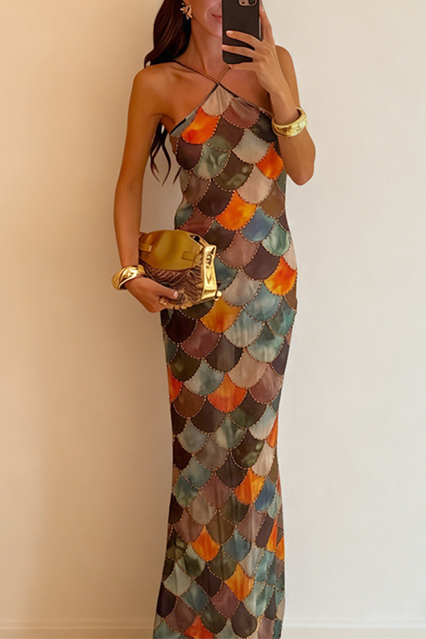 Little Mermaid Colorful Scales Print Halter Maxi Dress-consonak
