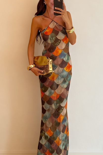 Little Mermaid Colorful Scales Print Halter Maxi Dress-consonak