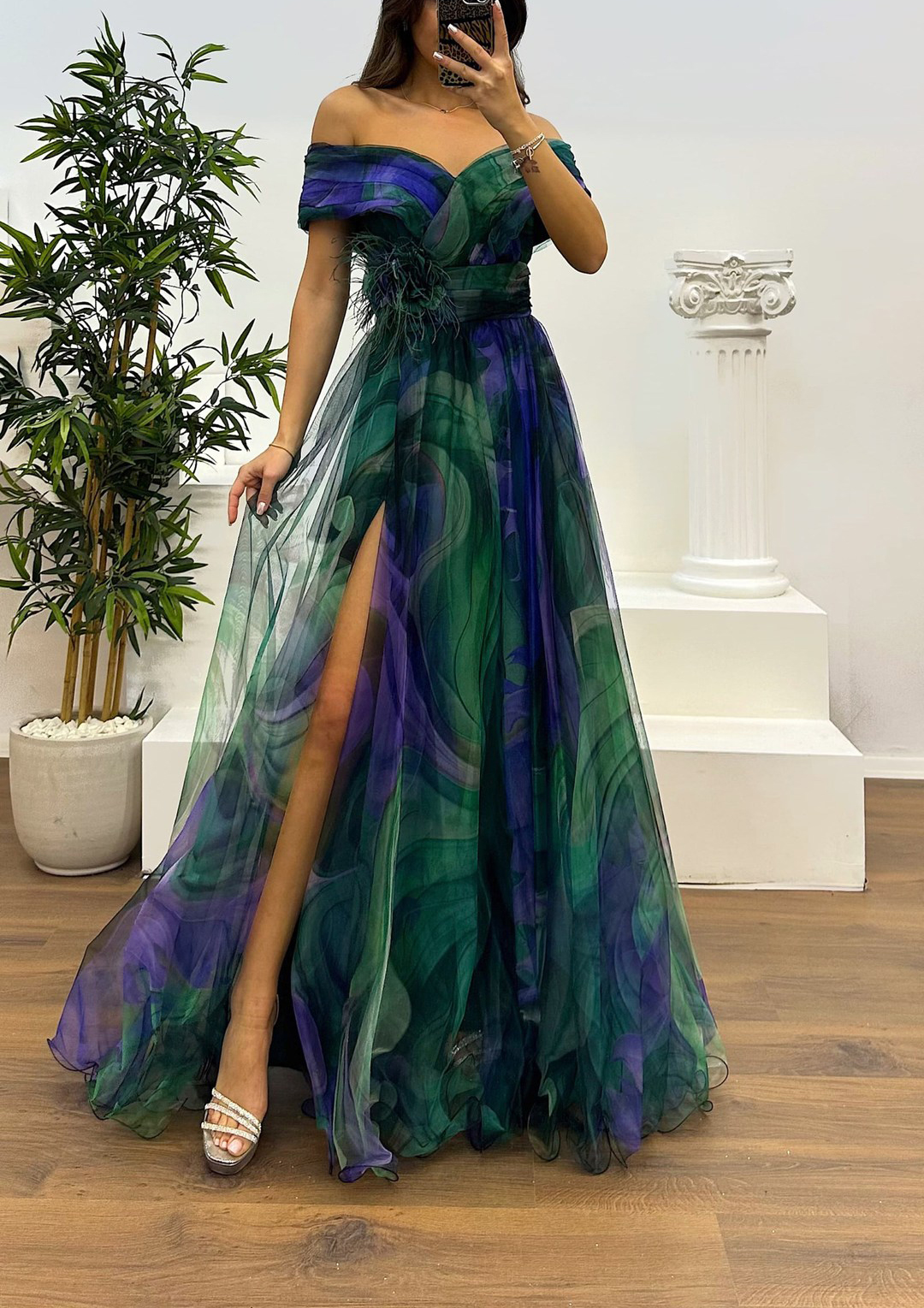 Fairy Flower Feather Pendant Elegant Fallen Fold Off Shoulder Party Split Design Long Dress-consonak