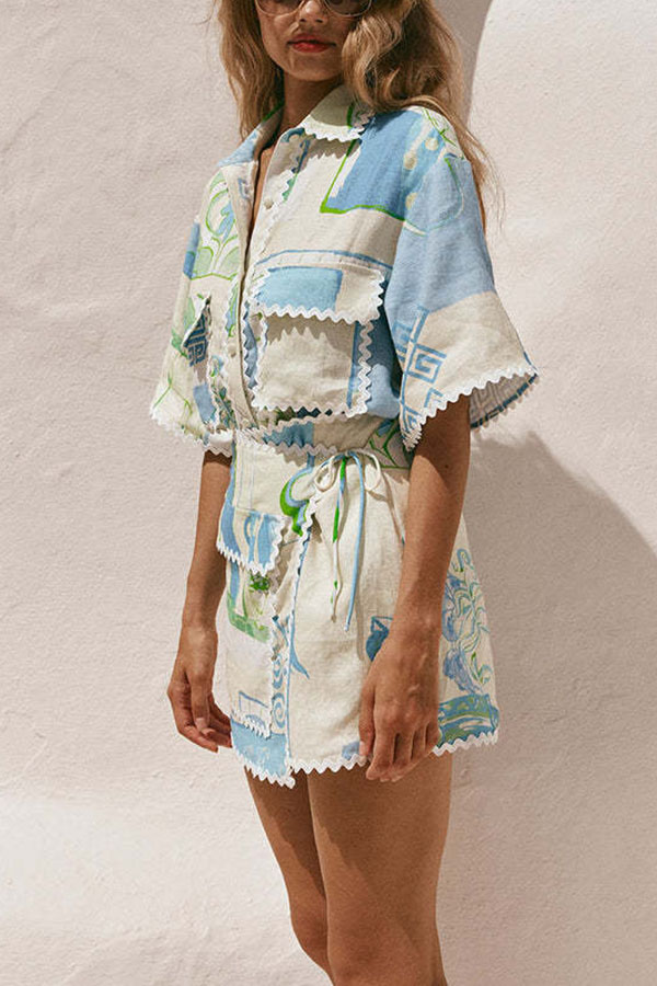 Pierre Linen Blend Ric Rac Trims Unique Print Short Sleeve Shirt and Wrap Tie-up Mini Skirt Set-Consonak
