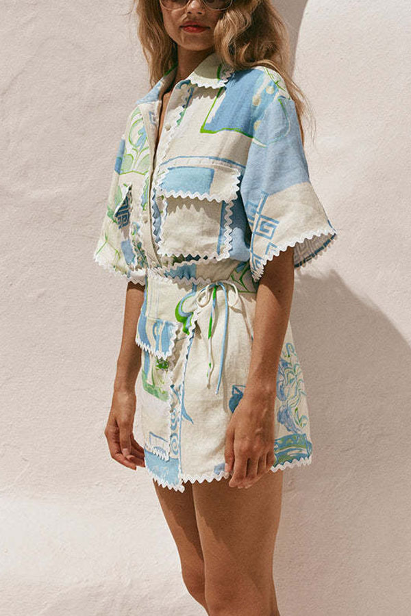 Pierre Linen Blend Ric Rac Trims Unique Print Short Sleeve Shirt and Wrap Tie-up Mini Skirt Set-consonak