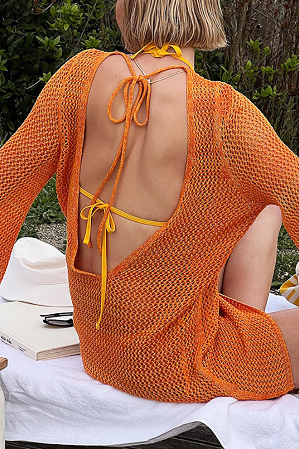 Knitted Dolman Sleeves Cutout Crew Neck Tie Backless Cover Up-consonak