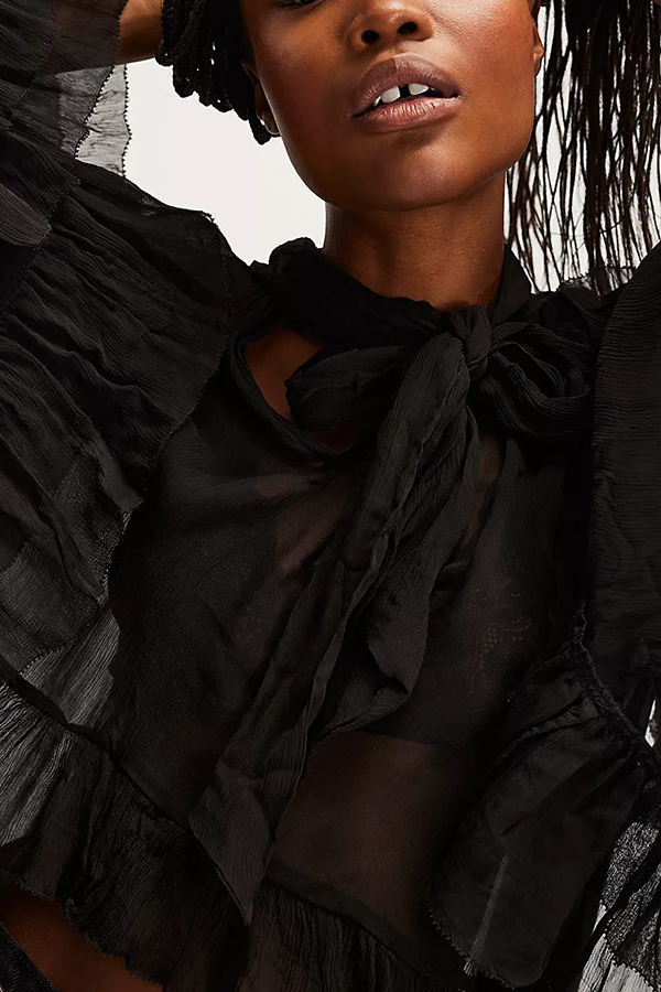 Flowy See-through Ruffle Tie-up Neck Bell Sleeve High-low Hem Cape Shirt-consonak