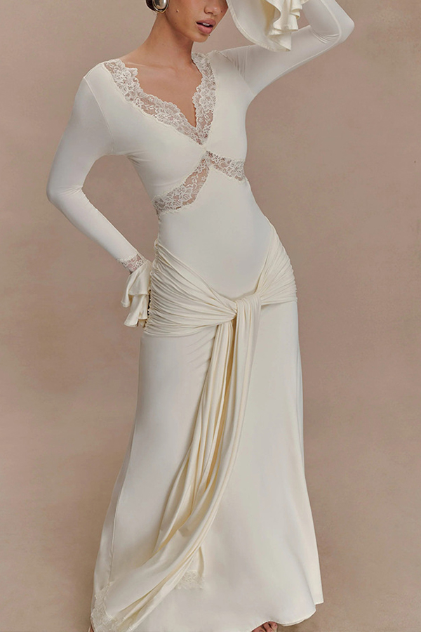 Fashion Lace Splicing Sexy V-neck Long-sleeved Slim Maxi Dress-consonak