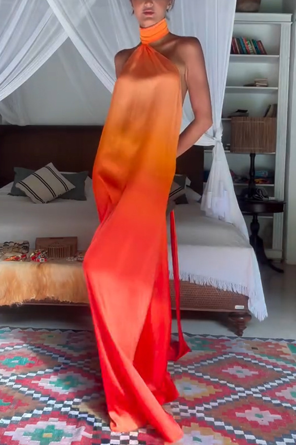 Chase The Sun Gradient Print High Neck Backless Tie-up Maxi Dress | Consonak