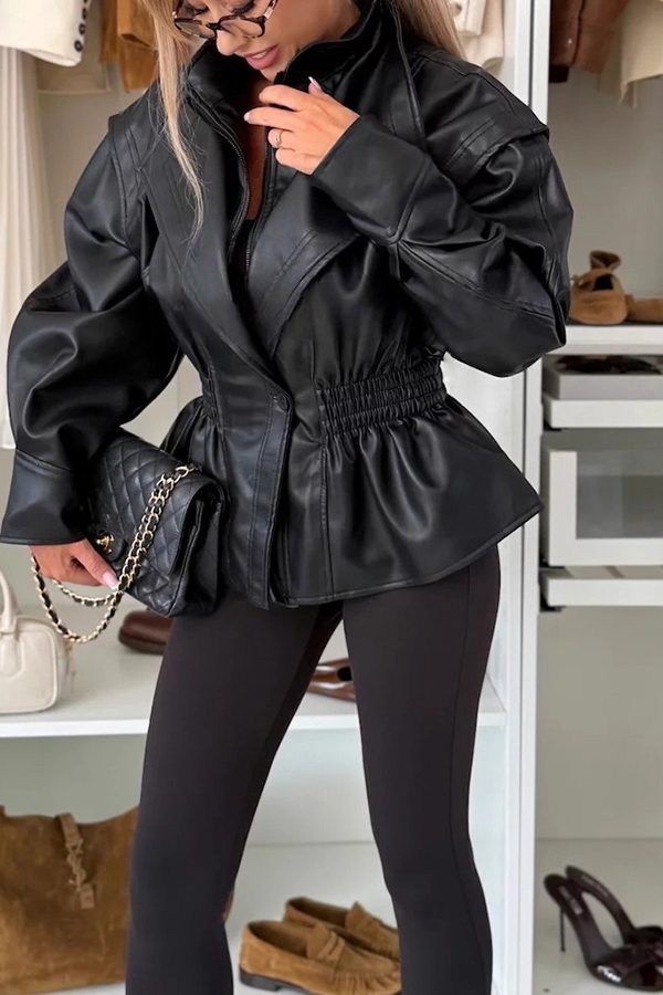 Play It Cool Faux Leather Single Button Elastic Waist Lapel Moto Jacket-consonak