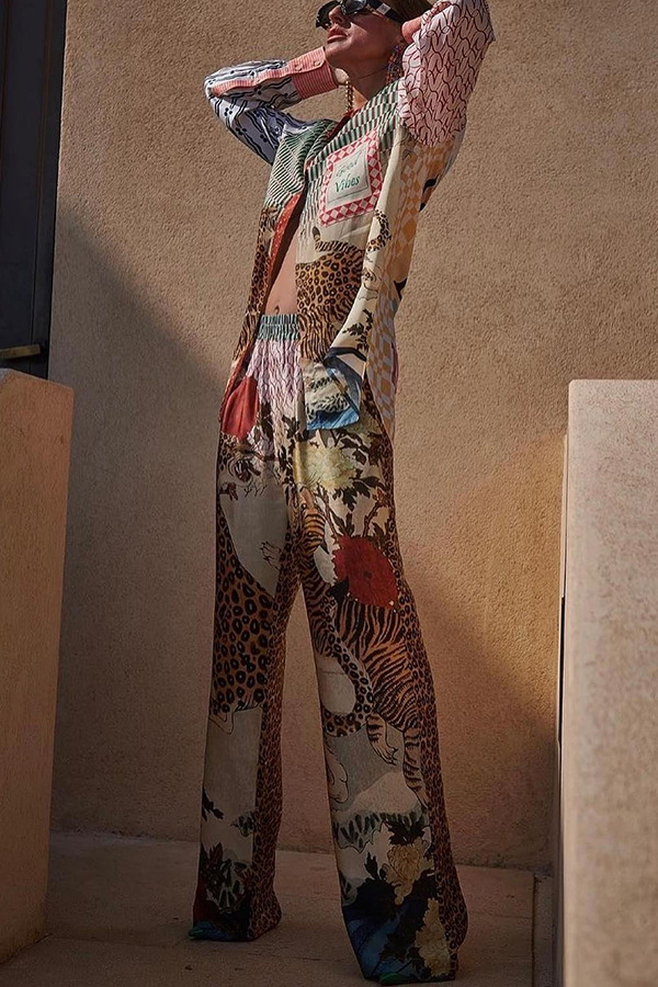 Tropical Jungle Tiger Unique Print Long Sleeve Loose Shirt and Elastic Waist Pants Set | Consonak