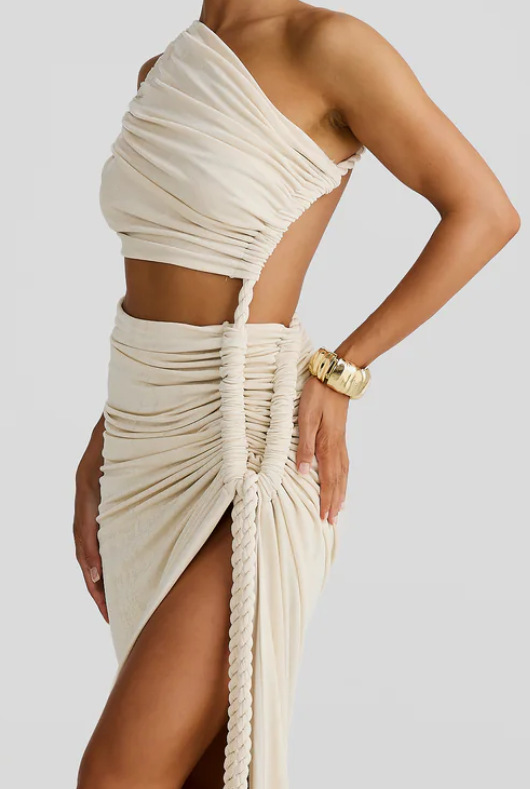 Juliana Rope Detail Ruched One Shoulder Cutout Stretch Maxi Dress-consonak