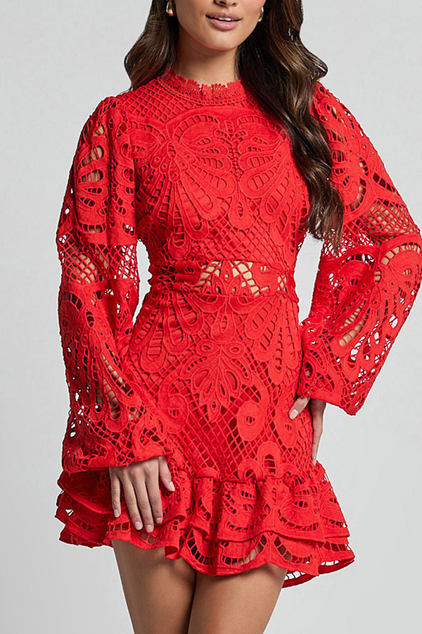 Solid Color Hollow Long-sleeved Waisted Lace Mini Dress-consonak