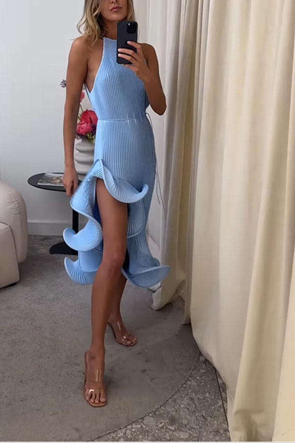 Solid Color Sleeveless Waist Tie Irregular Ruffle Slim Midi Dress-consonak