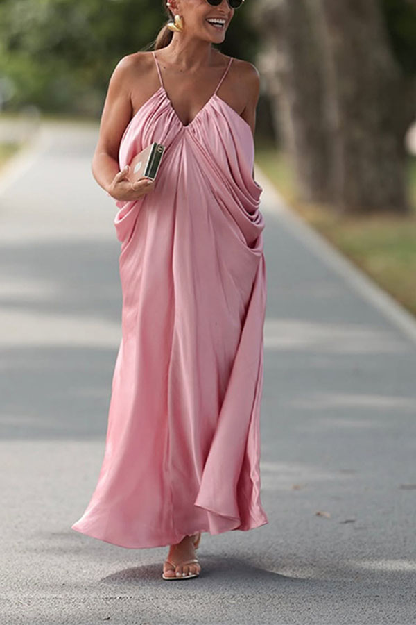 Venus Satin V-neck Draped Pleated Slip Loose Maxi Dress-consonak