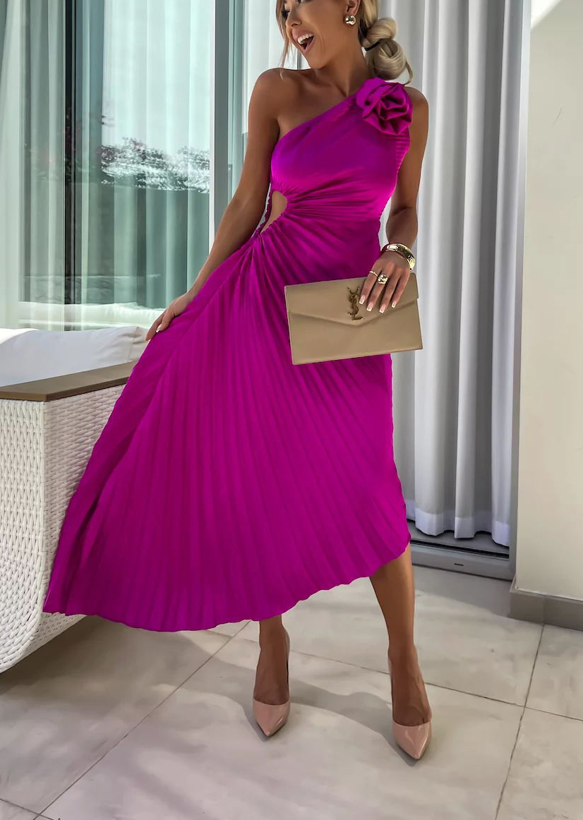 Romantic Nights Satin Raised Flower Elastic Cutout One Shoulder Pleated Maxi Dress-consonak