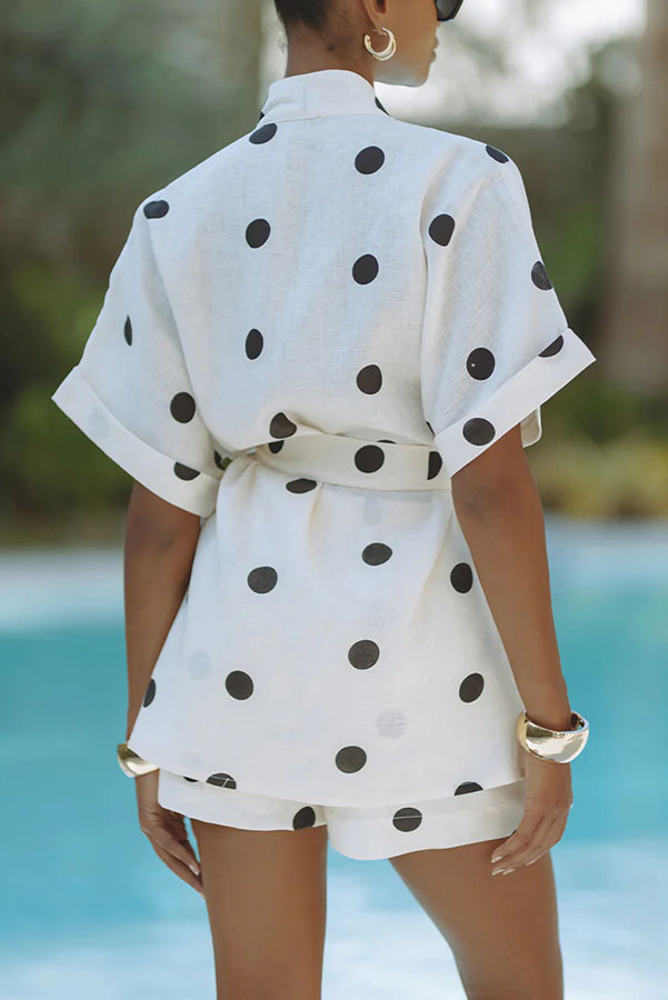 Playful Linen Blend Polka Dot Tie-up Kimono Top and Elastic Waist Pocket Shorts Set | Consonak